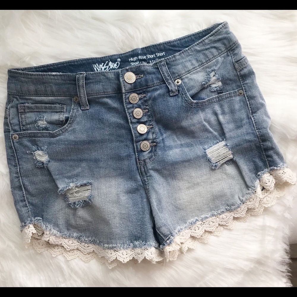 MOSSIMO Distressed Denim Shorts with Lace Detail